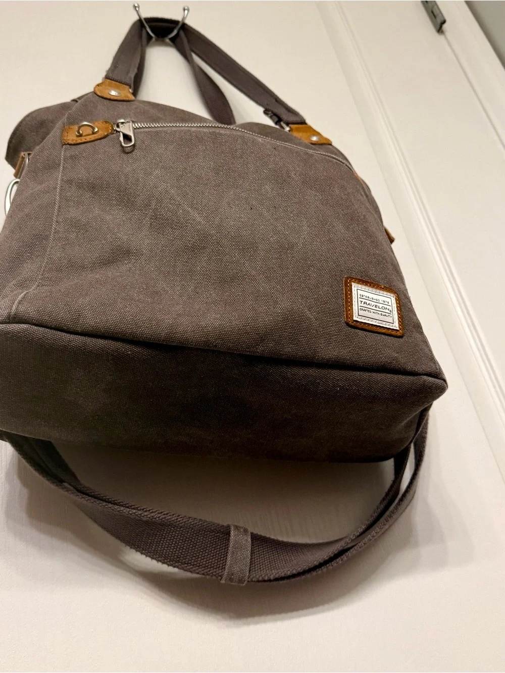 Travelon Pewter Canvas Tote with Leather Trim